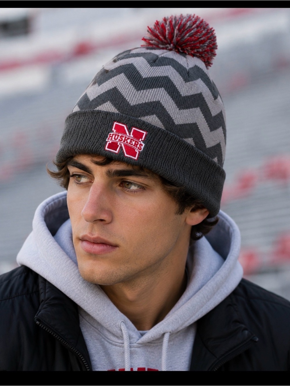 Top of the World brand chevron stripped Nebraska Corn Huskers hoodie beanie